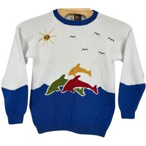 VTG 90s Womens Multicolor Peruvian Fashions Dolphins Knitted Crewneck Sweater XL